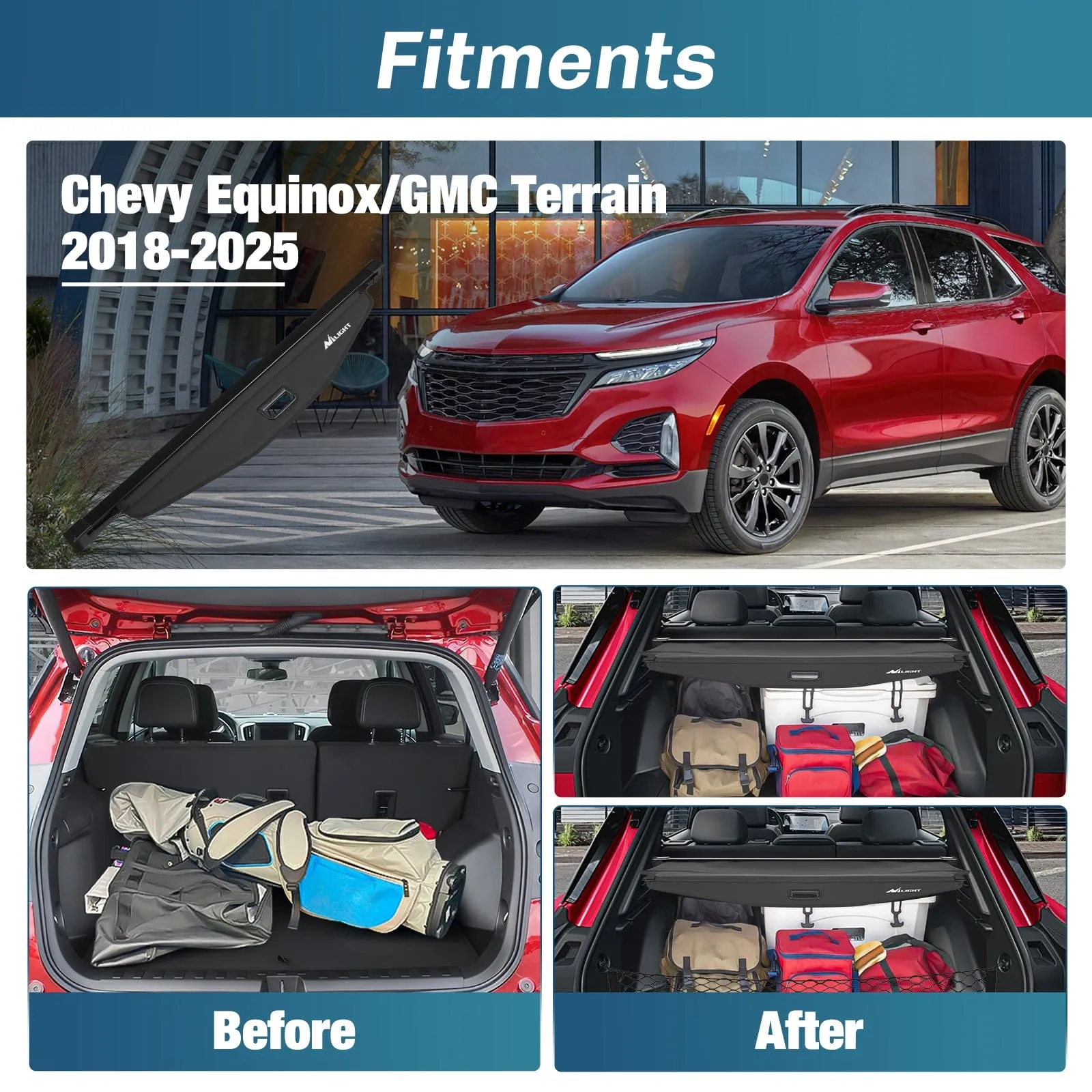 2018- 2024 Chevy Equinox GMC Terrain Retractable Trunk Cargo Cover With Trunk Storage Net