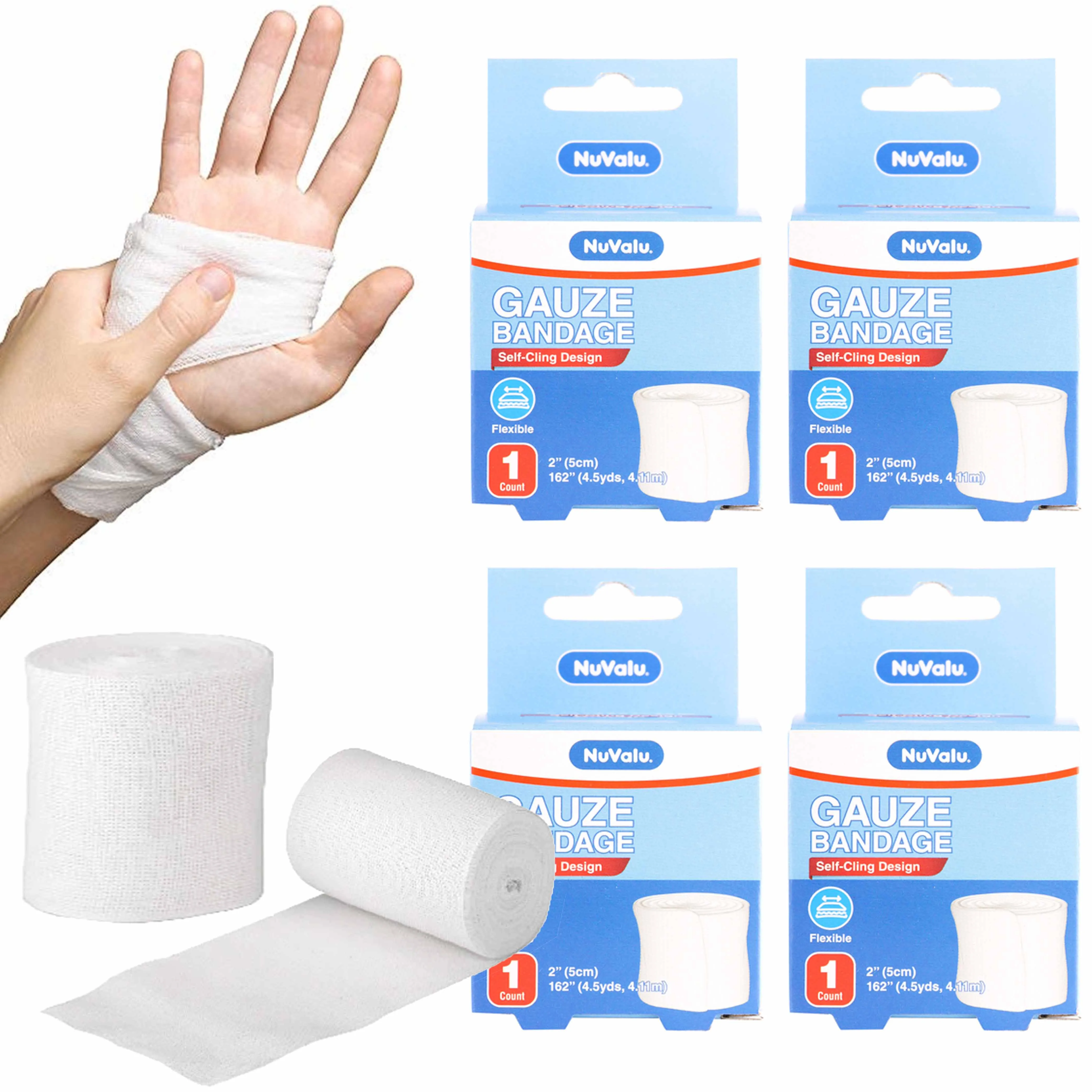 4 Packs Gauze Bandage Roll Rolled Self Cling Medical Wrap Rolls Pads 2"WX162"L