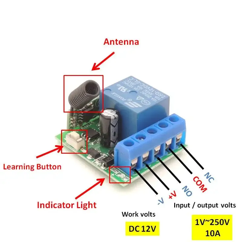 433 Mhz Gate Remote Control Switch 12v 10a Relay Receiver for Garage Door